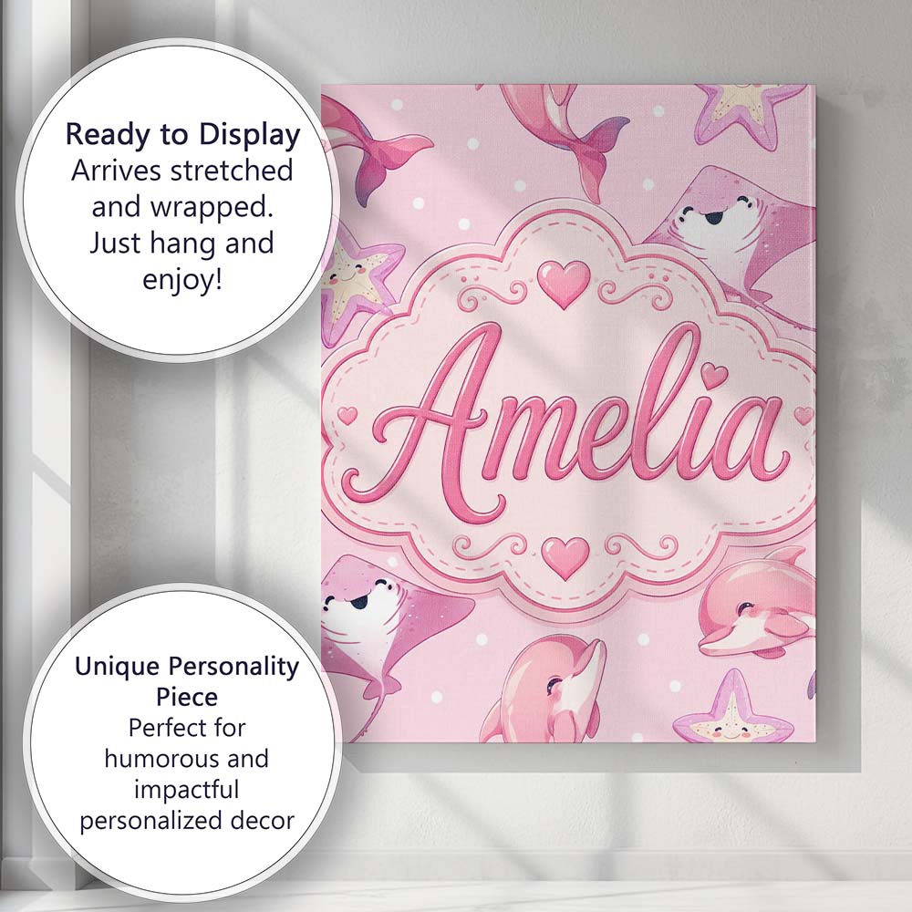 Personalised Name Pink Dolphin Stingray Custom Modern Room Accent Elegant Feature Canvas Wall Art Print Decor Picture Ready to Hang