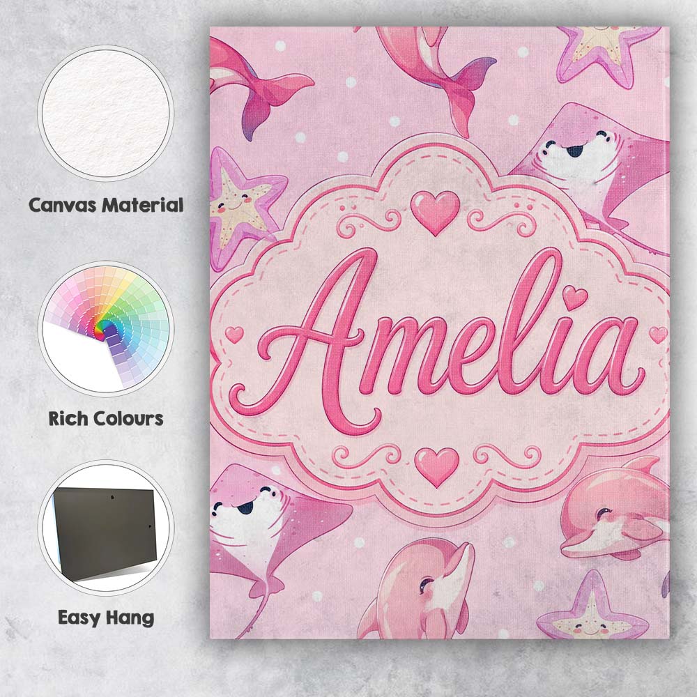Personalised Name Pink Dolphin Stingray Custom Modern Room Accent Elegant Feature Canvas Wall Art Print Decor Picture Ready to Hang