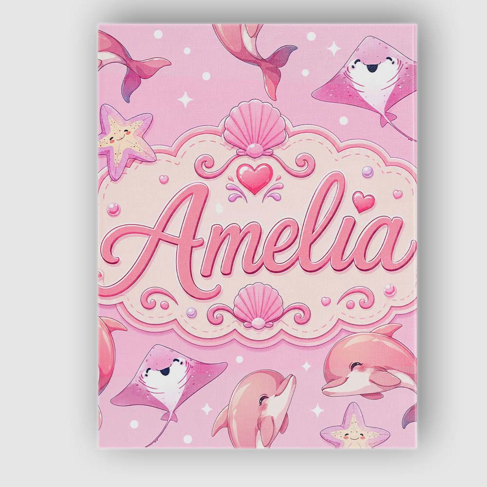 Personalised Name Pink Dolphin Stingray Custom Modern Room Accent Elegant Feature Canvas Wall Art Print Decor Picture Ready to Hang