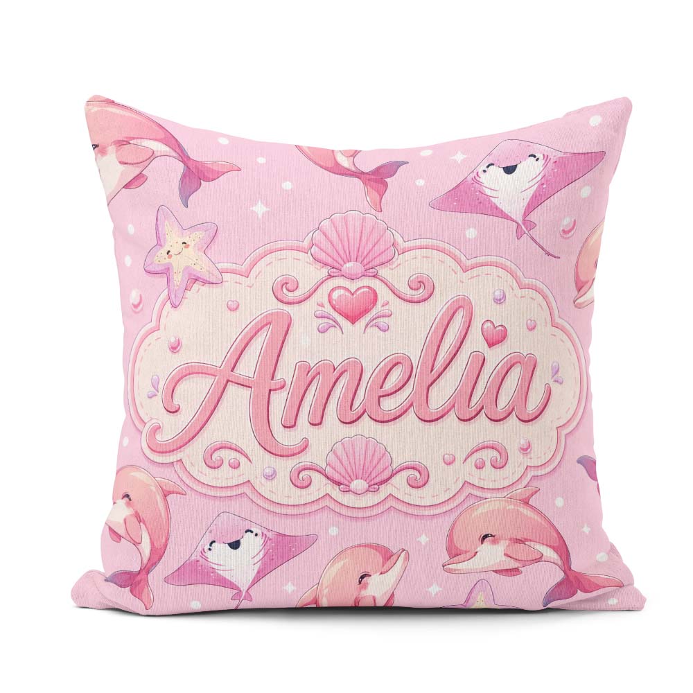 Custom Name Pink Dolphin Stingray Ocean Creatures Light Pink Dot Square Filled Cushion Throw Pillow Sofa Bed Home Decor Zip Washable UK Made
