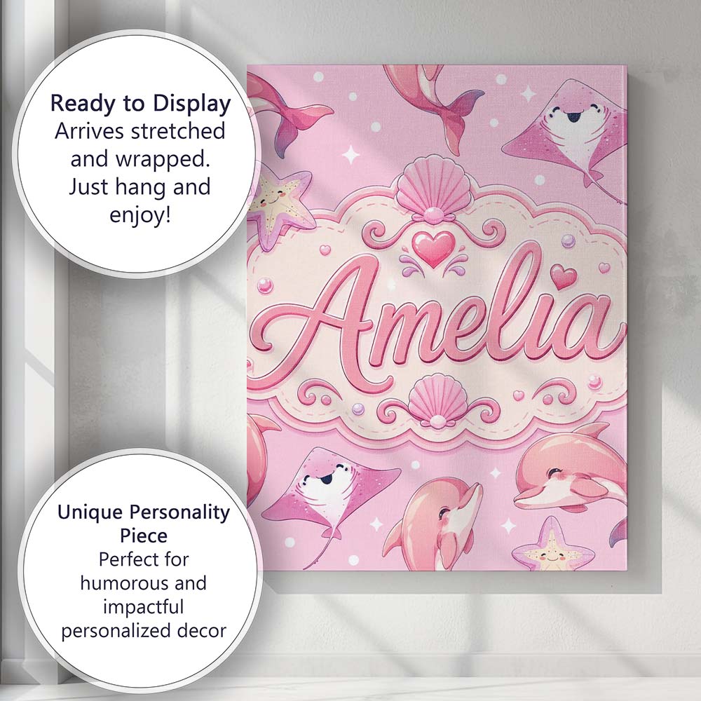 Personalised Name Pink Dolphin Stingray Custom Modern Room Accent Elegant Feature Canvas Wall Art Print Decor Picture Ready to Hang
