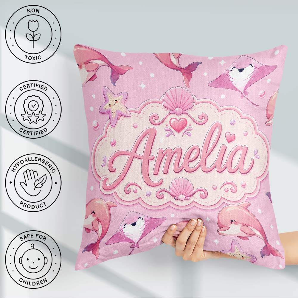 Custom Name Pink Dolphin Stingray Ocean Creatures Light Pink Dot Square Filled Cushion Throw Pillow Sofa Bed Home Decor Zip Washable UK Made