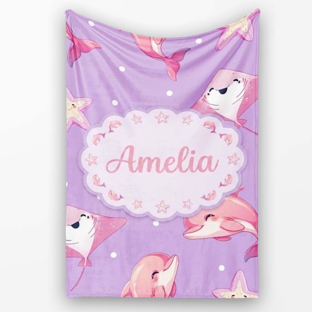 Pink Dolphin Stingray Starfish Ocean Creatures Purple Polka Dot Personalised Custom Name Super Soft Fleece Blanket Bed Sofa Throw
