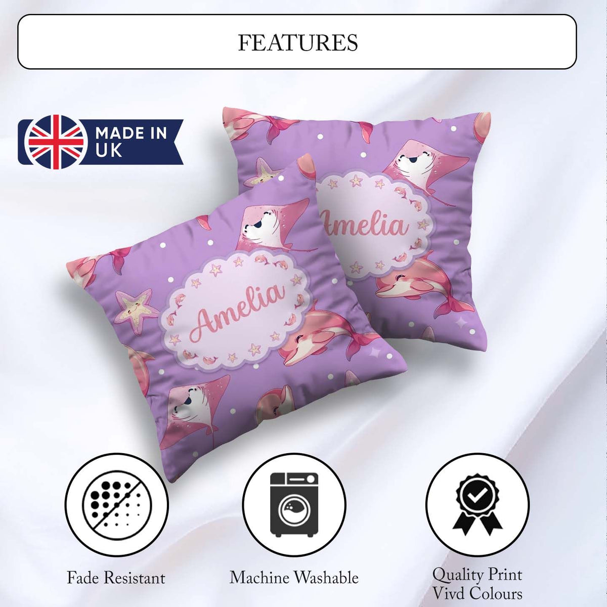 Custom Name Pink Dolphin Stingray Starfish Ocean Creatures Polka Square Filled Cushion Throw Pillow Sofa Bed Home Decor Zip Washable UK Made