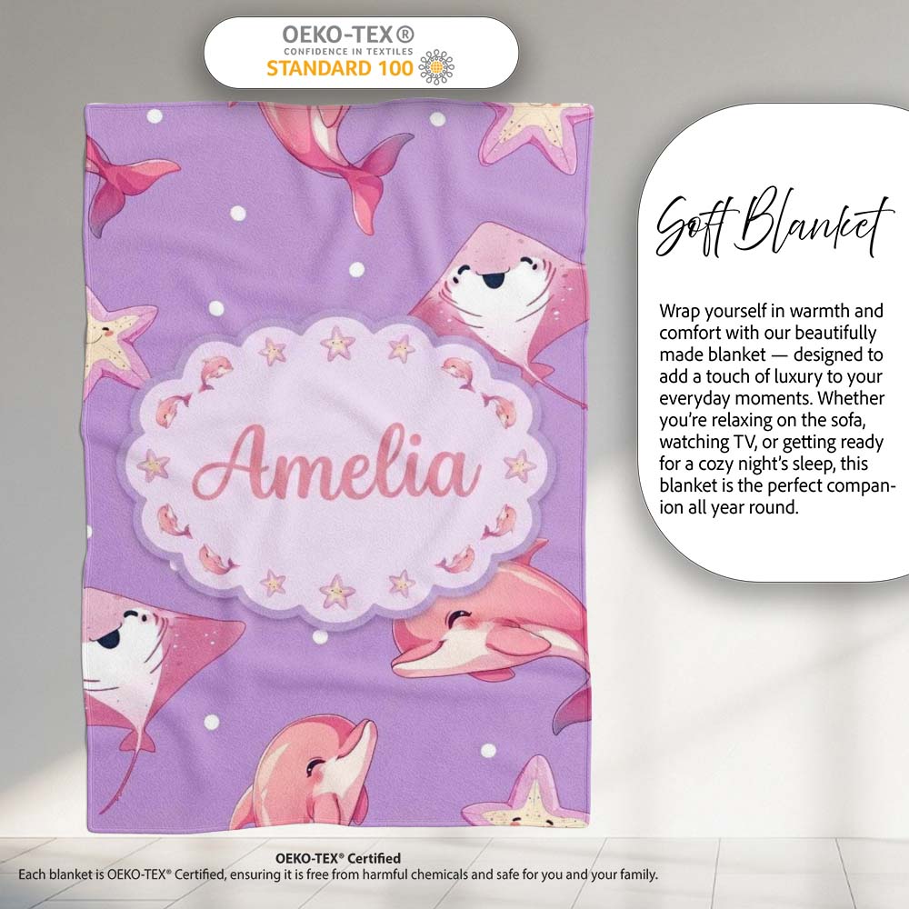 Pink Dolphin Stingray Starfish Ocean Creatures Purple Polka Dot Personalised Custom Name Super Soft Fleece Blanket Bed Sofa Throw