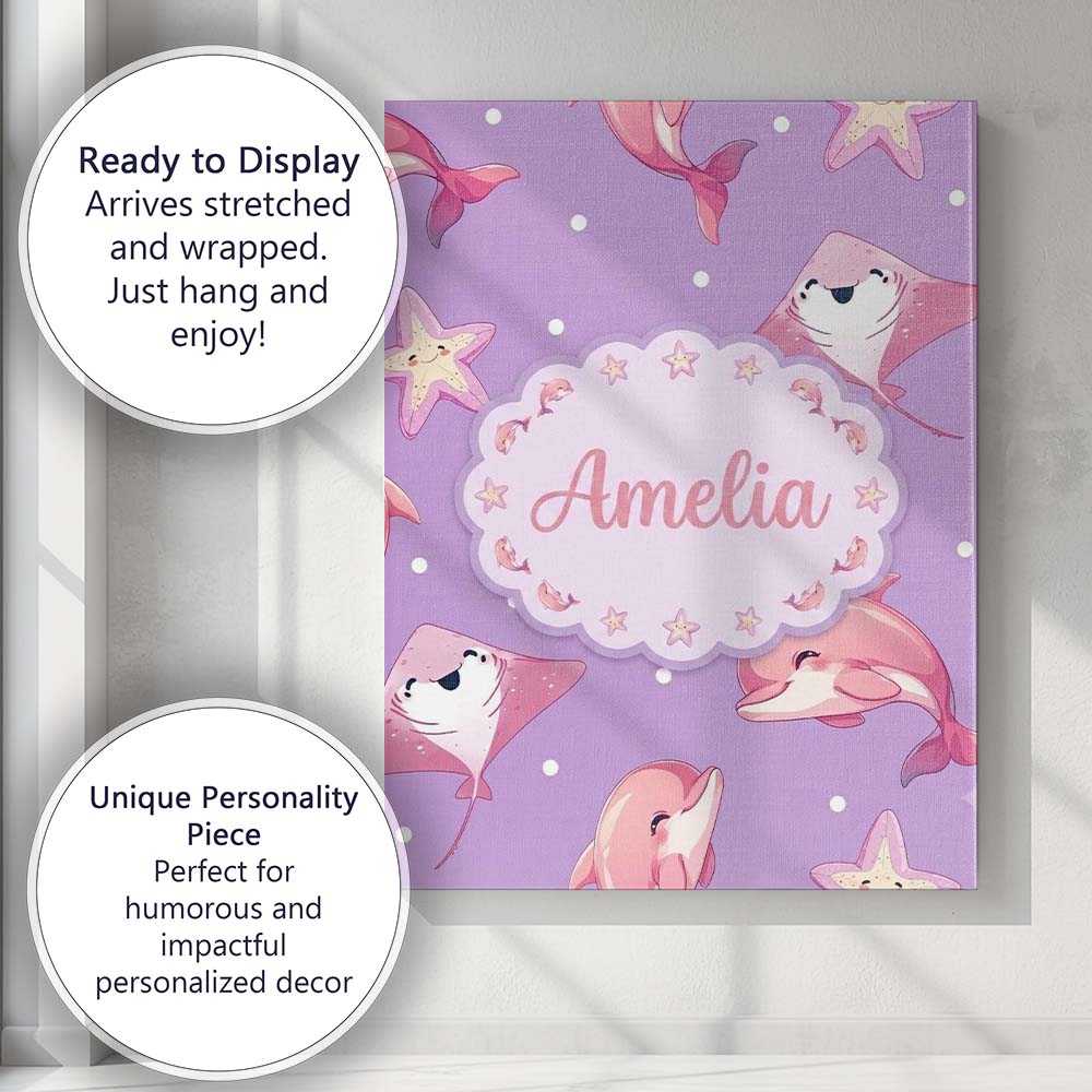 Personalised Name Pink Dolphin Stingray Custom Modern Room Accent Elegant Feature Canvas Wall Art Print Decor Picture Ready to Hang