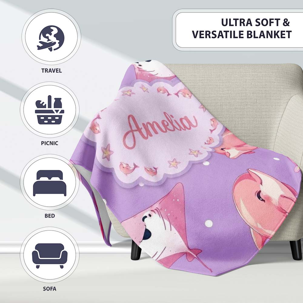 Pink Dolphin Stingray Starfish Ocean Creatures Purple Polka Dot Personalised Custom Name Super Soft Fleece Blanket Bed Sofa Throw