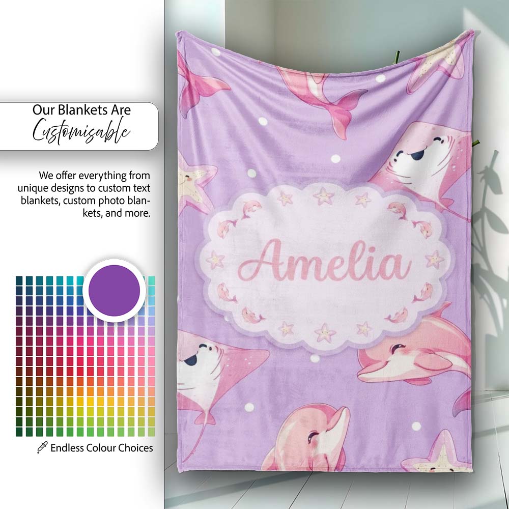 Pink Dolphin Stingray Starfish Ocean Creatures Purple Polka Dot Personalised Custom Name Super Soft Fleece Blanket Bed Sofa Throw