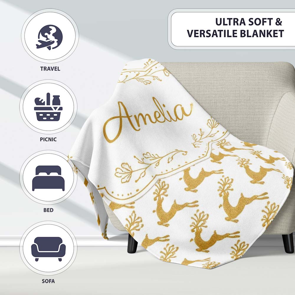 Gold Glitter Reindeer Christmas Seamless Pattern Cute Unique Gift Personalised Custom Name Super Soft Fleece Blanket Bed Sofa Throw