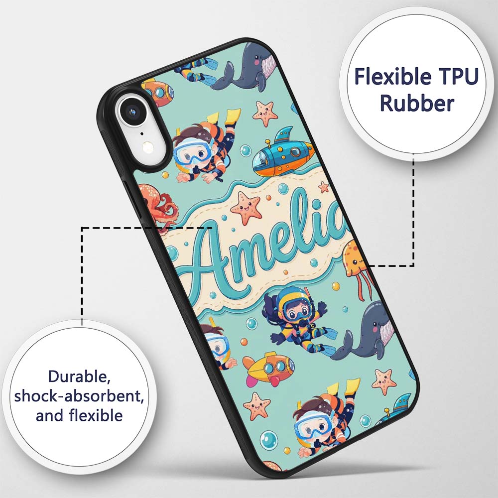 Kids Scuba Divers Submarine Decorative Design Custom Name Protective Phone Case Mobile Cover Durable Everyday Smartphone Shock Resistant