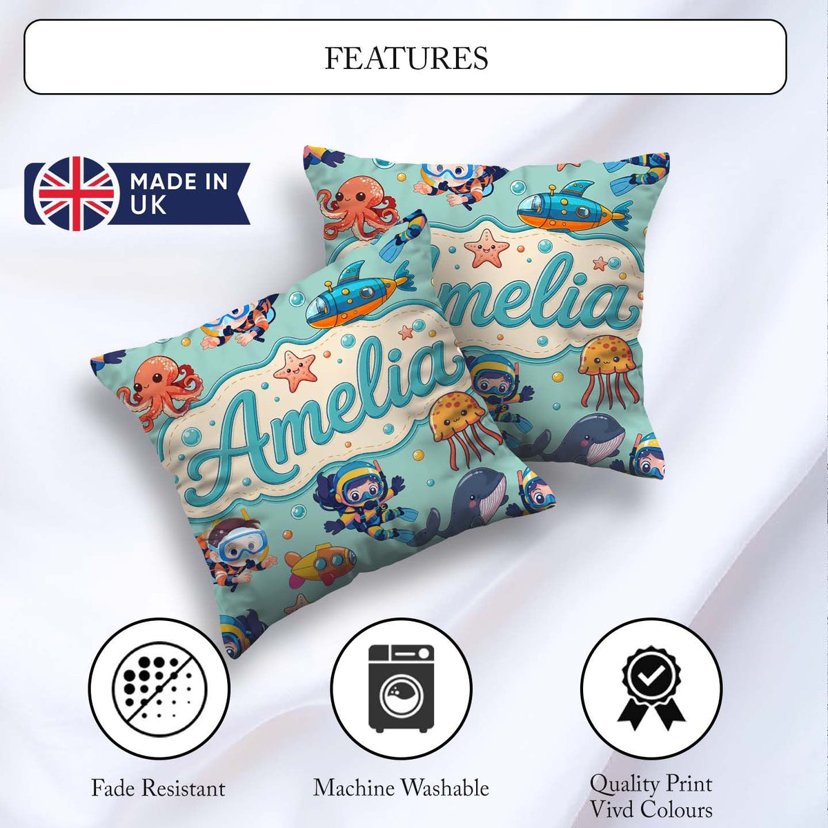 Custom Name Kids Scuba Divers Submarine Ocean Animals Mint Green Square Filled Cushion Throw Pillow Sofa Bed Home Decor Zip Washable UK Made