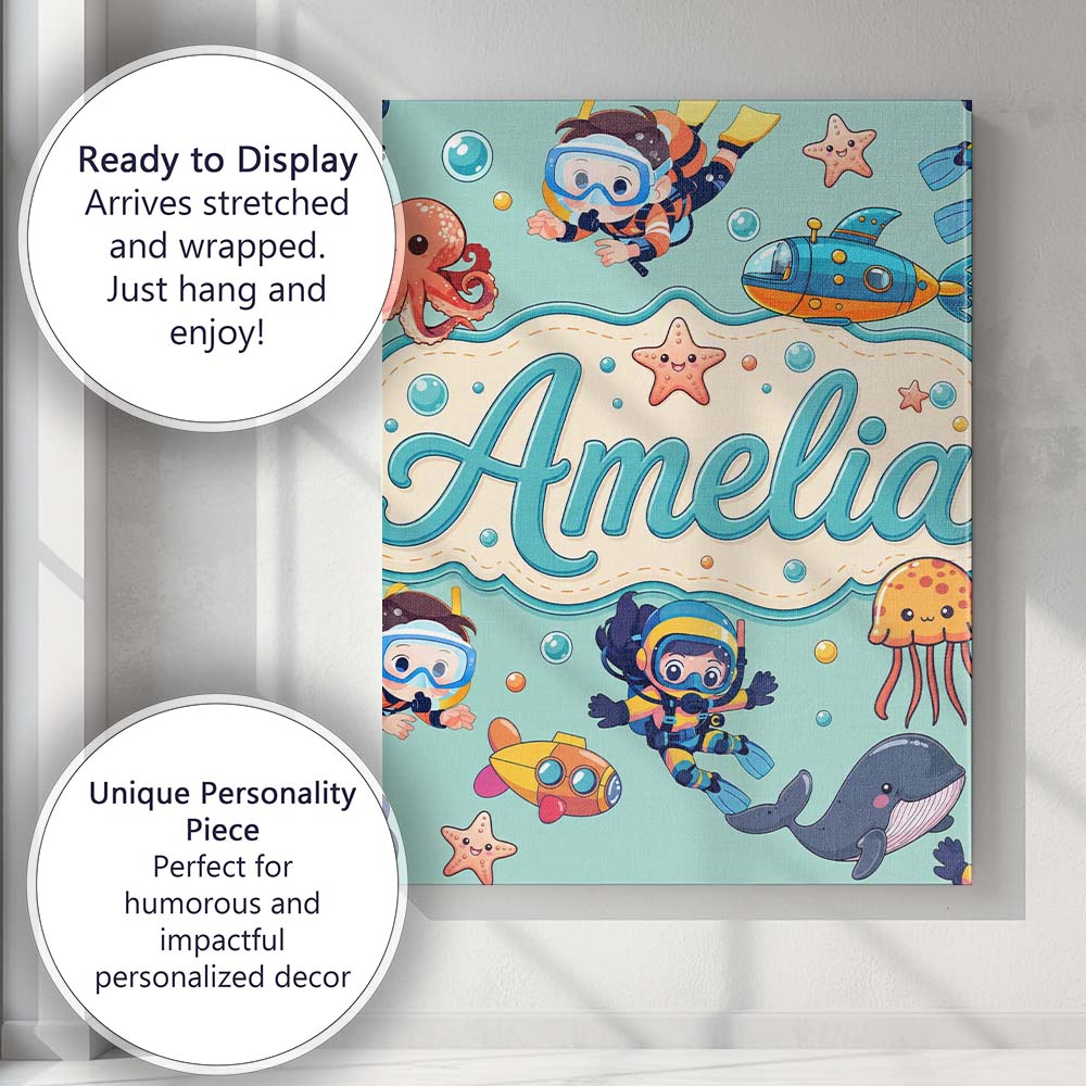 Personalised Name Kids Scuba Divers Submarine Custom Unique Gift Idea Modern Room Accent Canvas Wall Art Print Decor Picture Ready to Hang