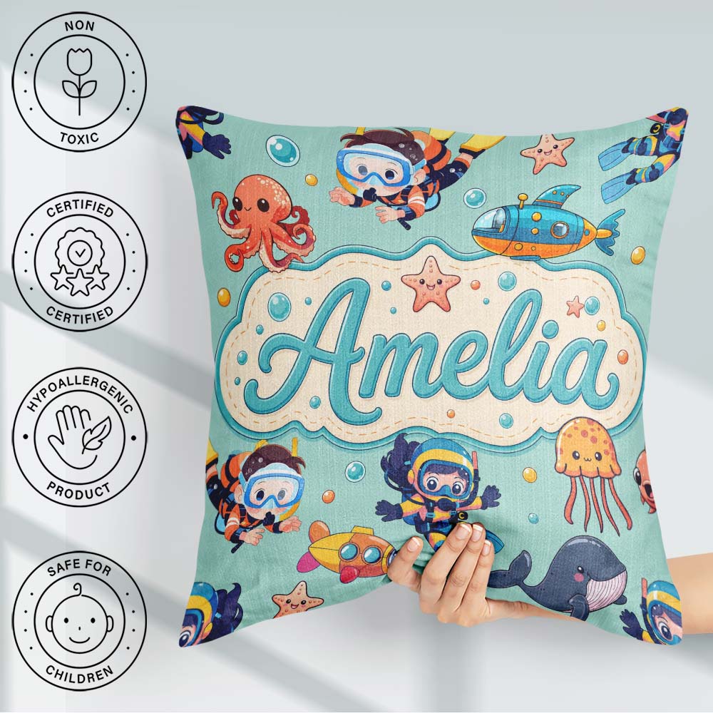 Custom Name Kids Scuba Divers Submarine Ocean Animals Mint Green Square Filled Cushion Throw Pillow Sofa Bed Home Decor Zip Washable UK Made
