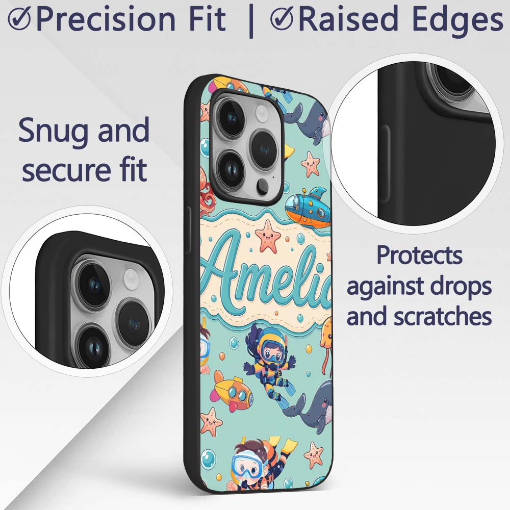 Kids Scuba Divers Submarine Decorative Design Custom Name Protective Phone Case Mobile Cover Durable Everyday Smartphone Shock Resistant