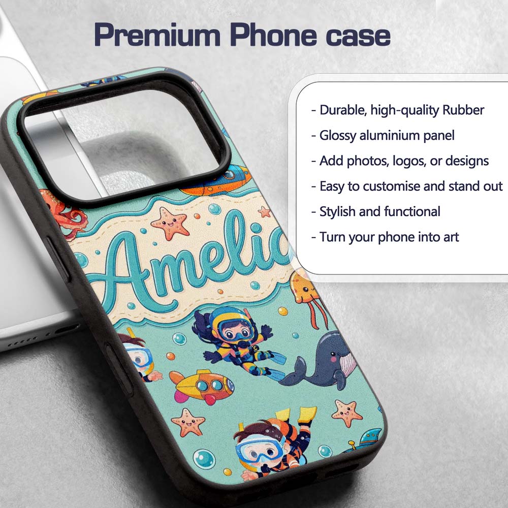 Kids Scuba Divers Submarine Decorative Design Custom Name Protective Phone Case Mobile Cover Durable Everyday Smartphone Shock Resistant