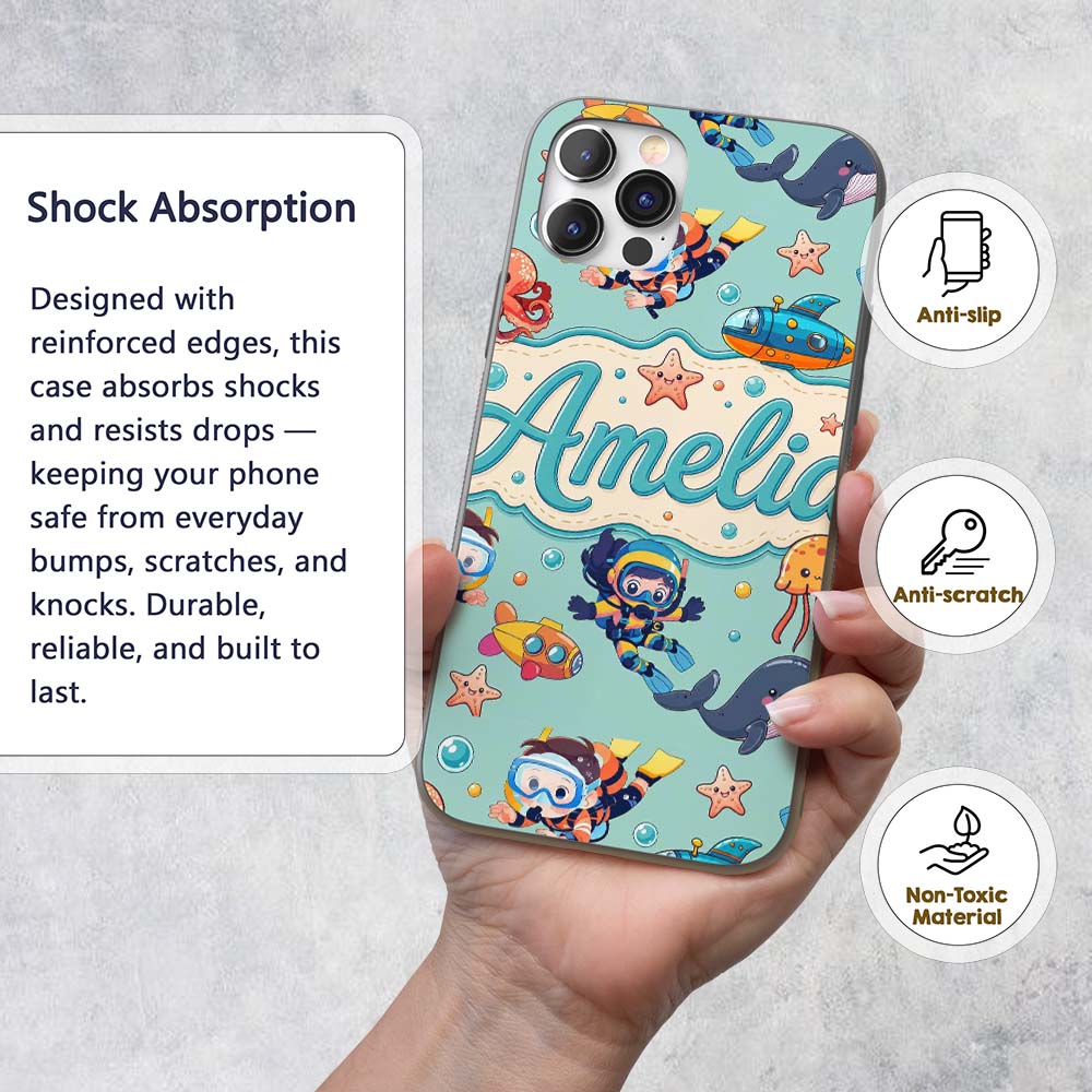 Kids Scuba Divers Submarine Decorative Design Custom Name Protective Phone Case Mobile Cover Durable Everyday Smartphone Shock Resistant