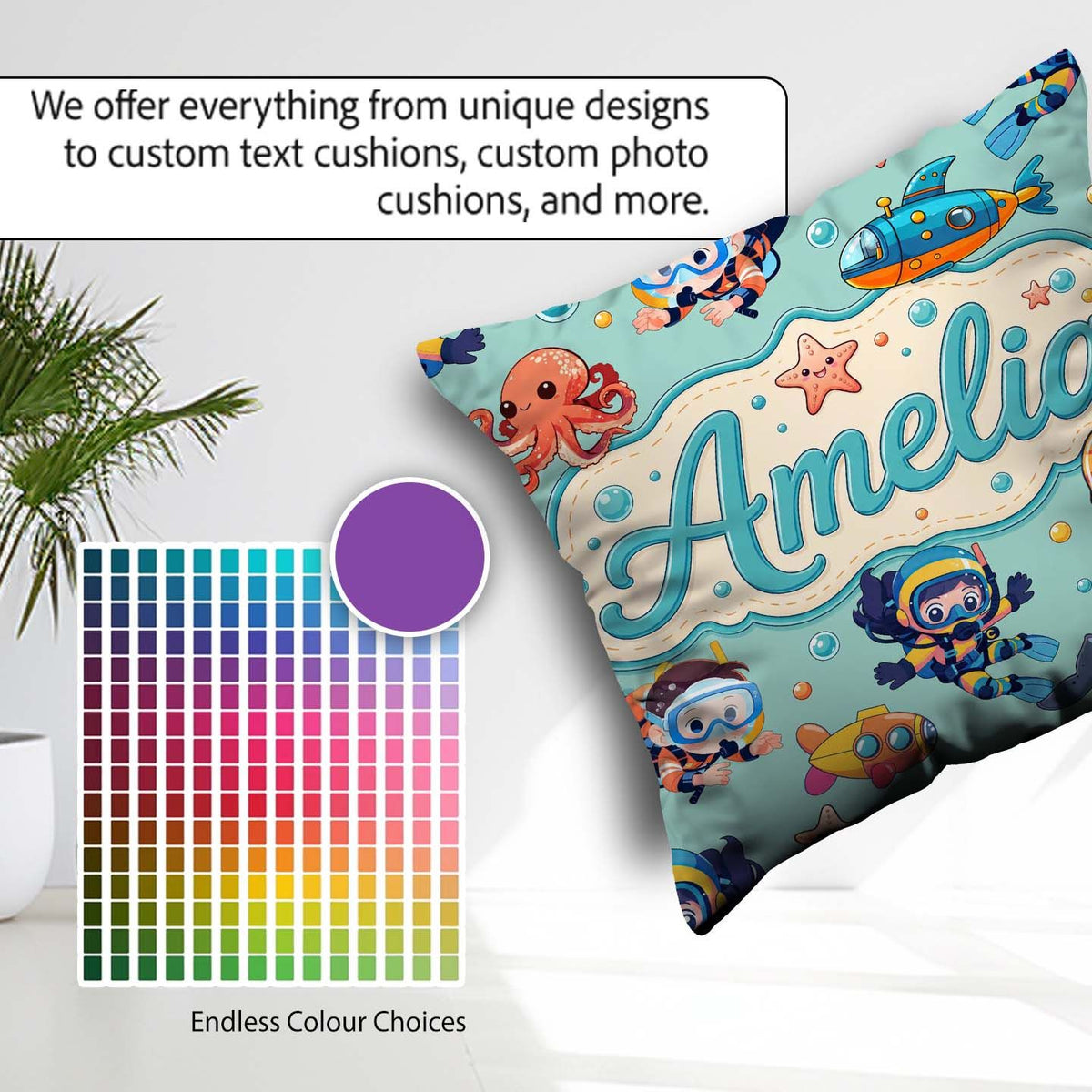 Custom Name Kids Scuba Divers Submarine Ocean Animals Mint Green Square Filled Cushion Throw Pillow Sofa Bed Home Decor Zip Washable UK Made
