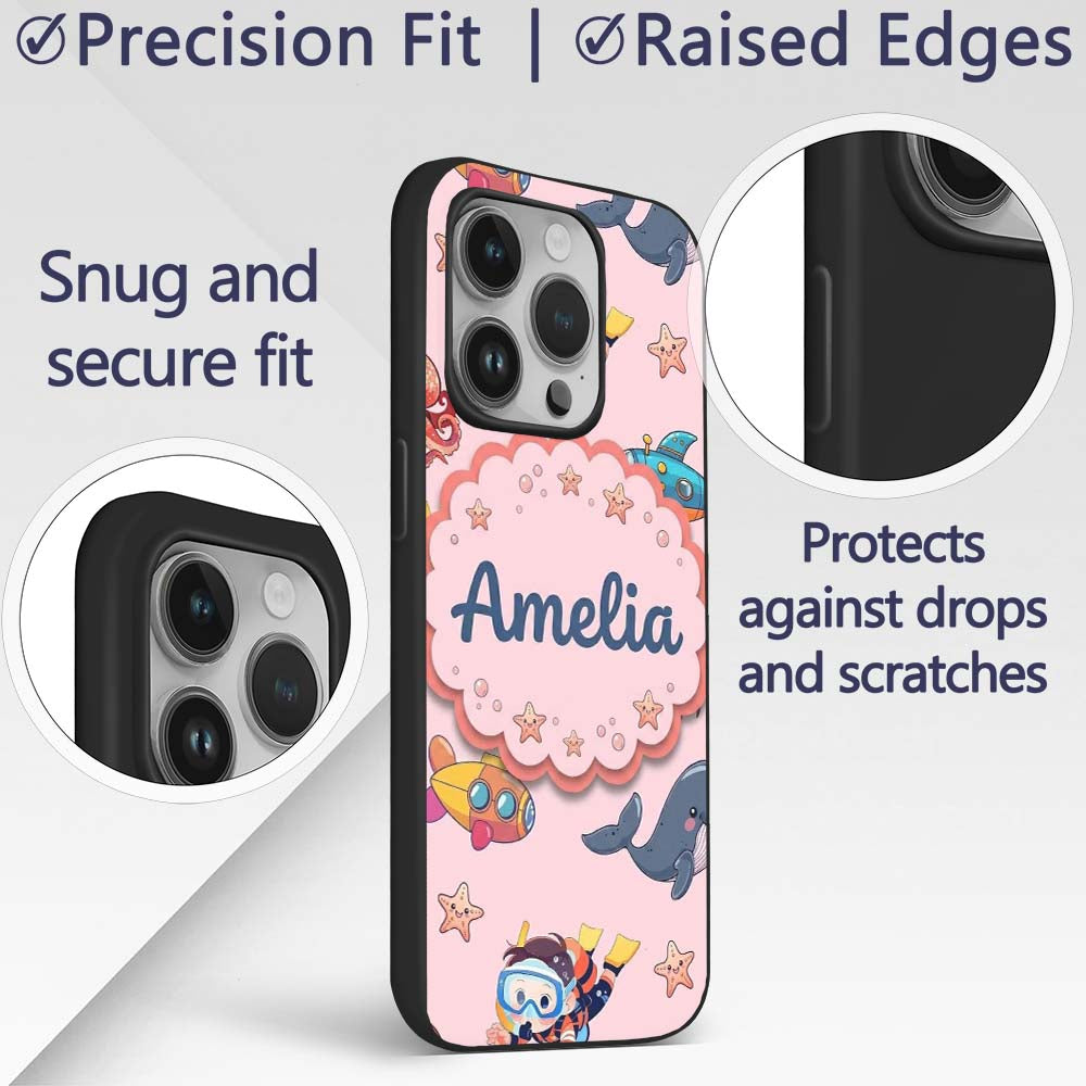 Kids Scuba Divers Submarine Decorative Design Custom Name Protective Phone Case Mobile Cover Durable Everyday Smartphone Shock Resistant