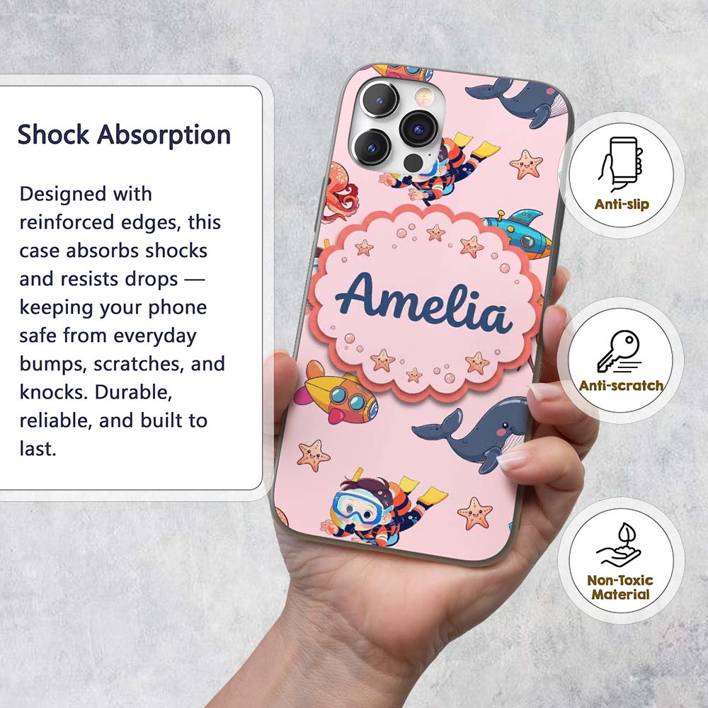 Kids Scuba Divers Submarine Decorative Design Custom Name Protective Phone Case Mobile Cover Durable Everyday Smartphone Shock Resistant