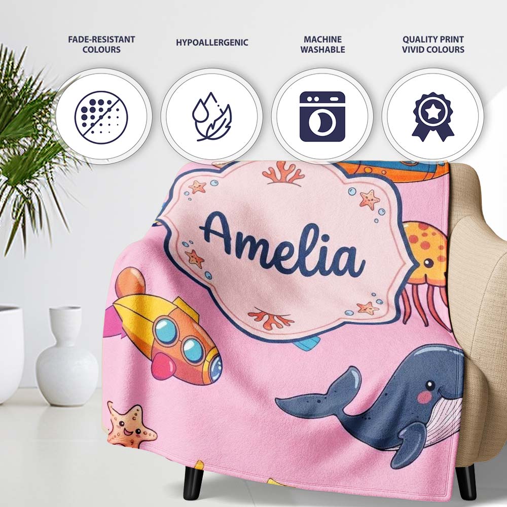 Kids Scuba Divers Submarine Jellyfish Ocean Animals Rose Pink Lovely Personalised Custom Name Super Soft Fleece Blanket Bed Sofa Throw