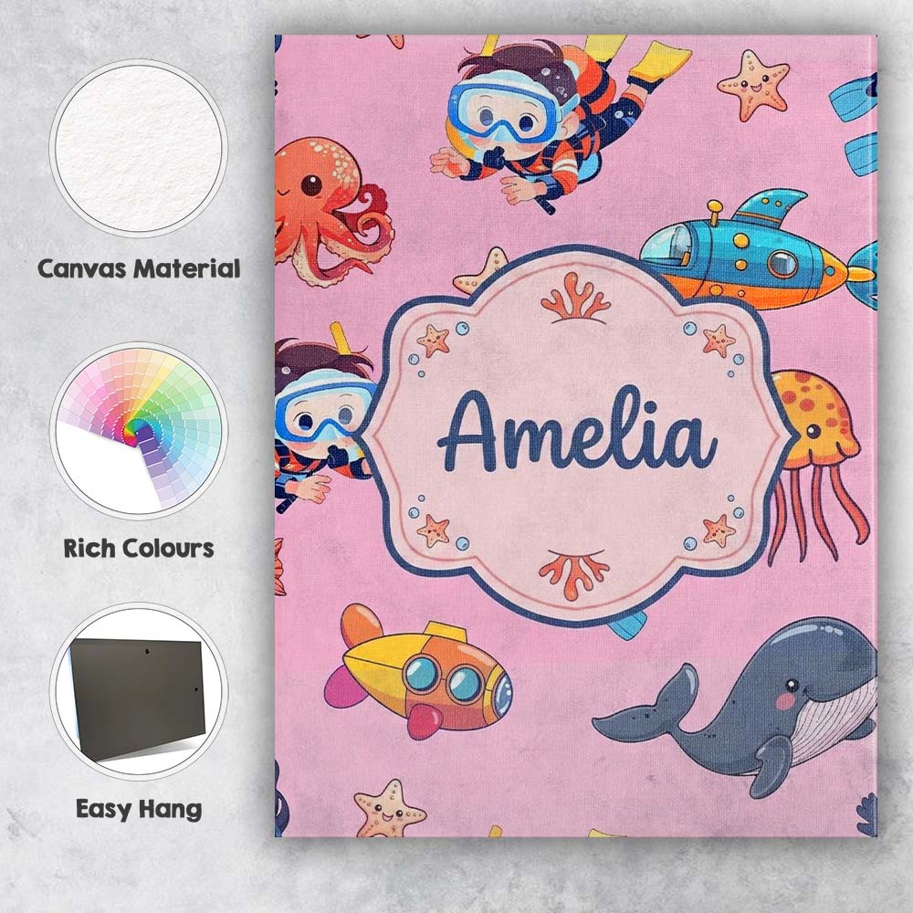Personalised Name Kids Scuba Divers Submarine Custom Unique Gift Idea Modern Room Accent Canvas Wall Art Print Decor Picture Ready to Hang