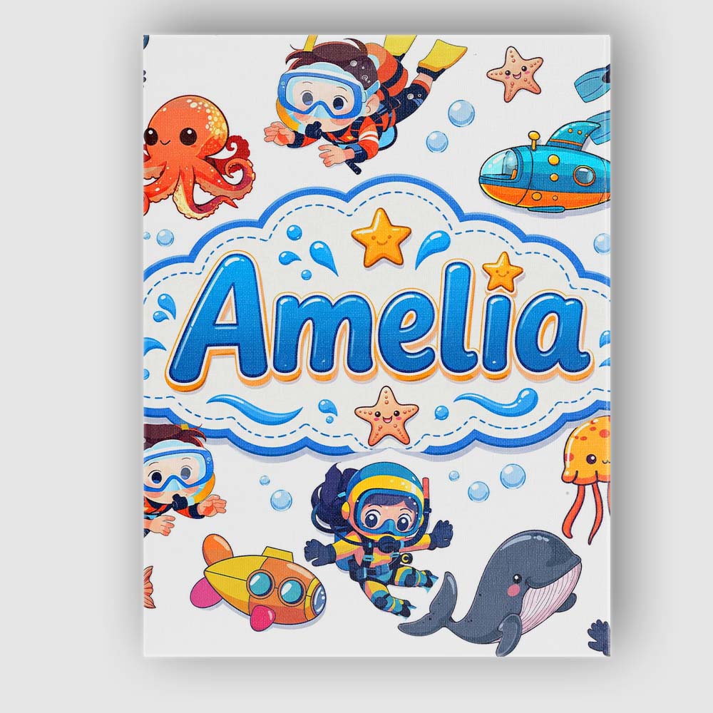 Personalised Name Kids Scuba Divers Submarine Custom Unique Gift Idea Modern Room Accent Canvas Wall Art Print Decor Picture Ready to Hang