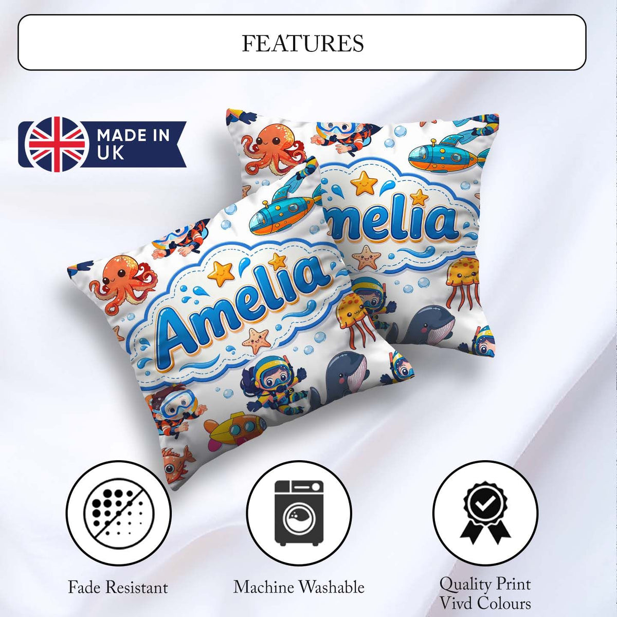 Custom Name Kids Scuba Divers Submarine Ocean Animals Light Grey Square Filled Cushion Throw Pillow Sofa Bed Home Decor Zip Washable UK Made
