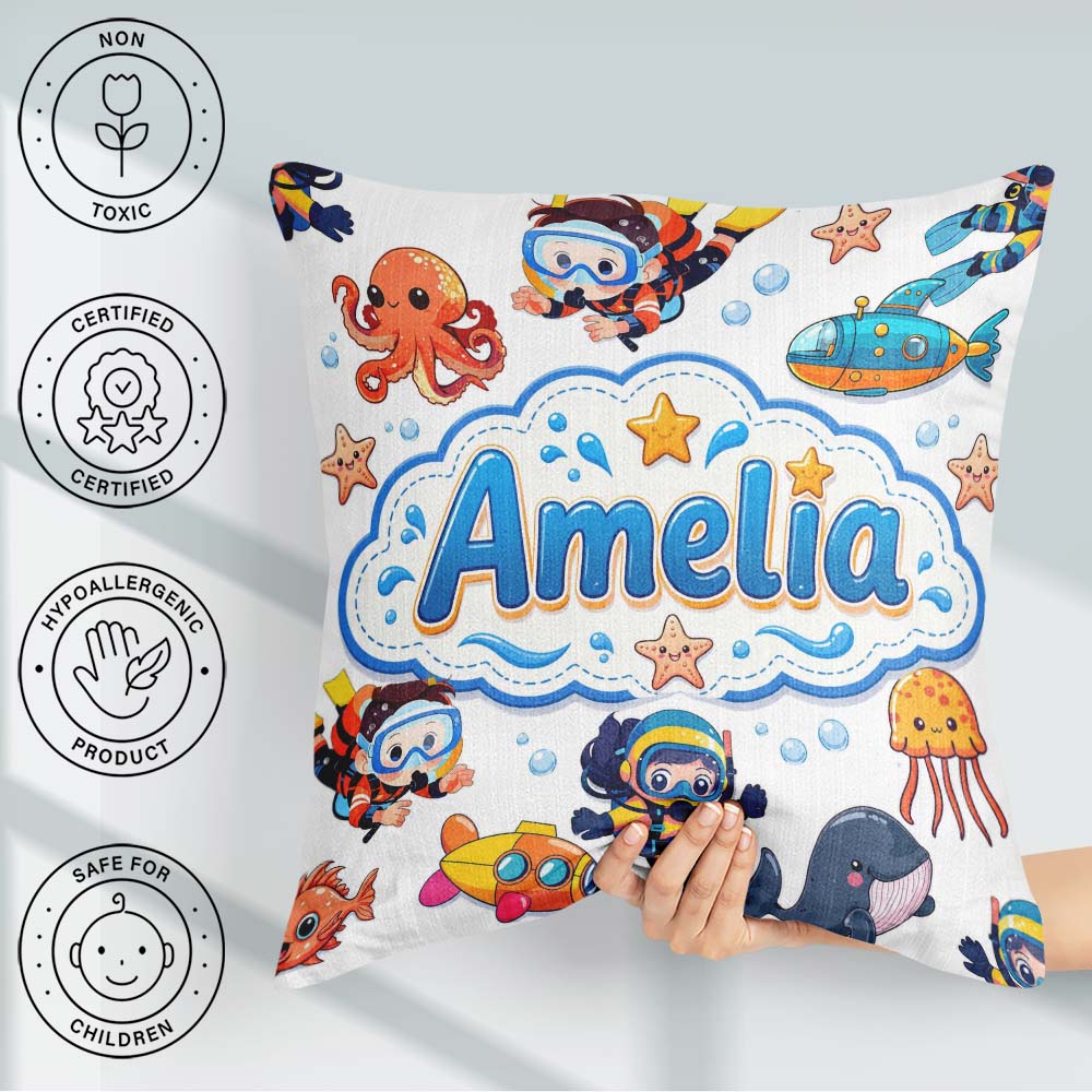 Custom Name Kids Scuba Divers Submarine Ocean Animals Light Grey Square Filled Cushion Throw Pillow Sofa Bed Home Decor Zip Washable UK Made