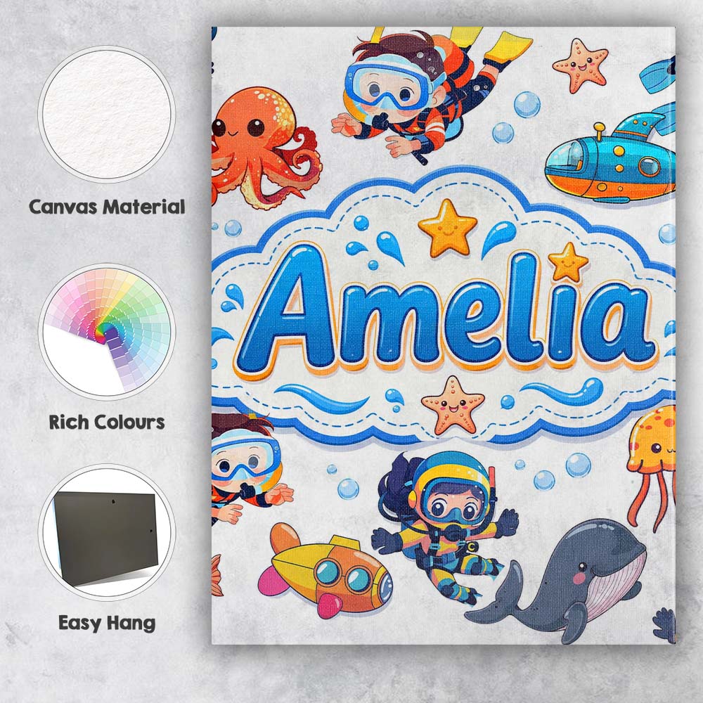 Personalised Name Kids Scuba Divers Submarine Custom Unique Gift Idea Modern Room Accent Canvas Wall Art Print Decor Picture Ready to Hang