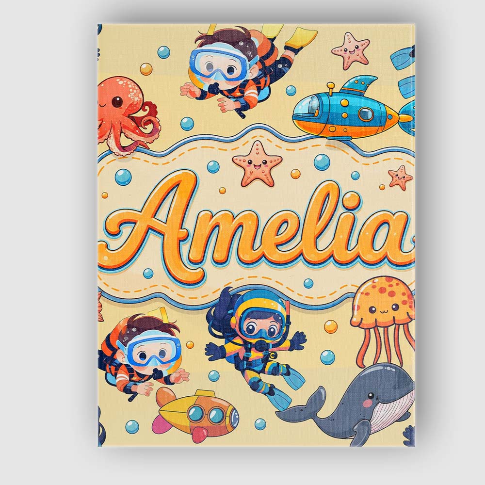 Personalised Name Kids Scuba Divers Submarine Custom Unique Gift Idea Modern Room Accent Canvas Wall Art Print Decor Picture Ready to Hang