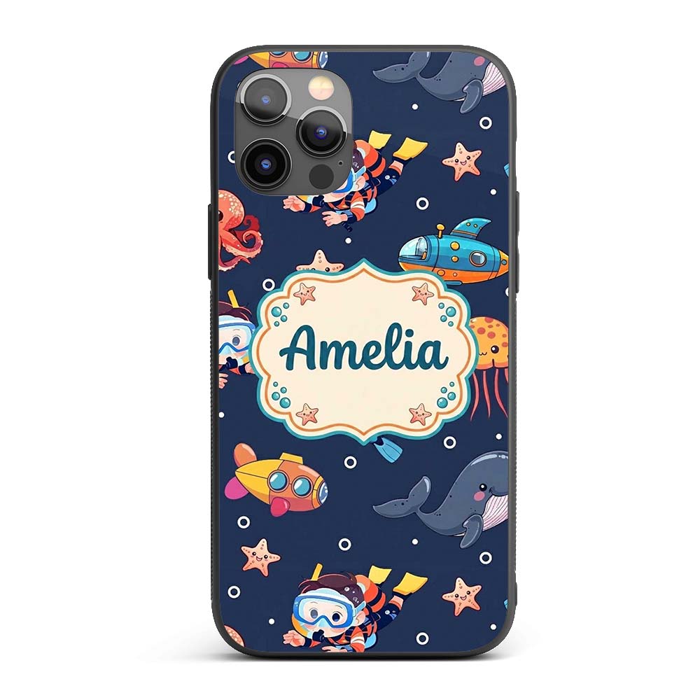 Kid Scuba Diver Submarine Jellyfish Ocean Animal Custom Name Protective Phone Case Mobile Cover Durable Everyday Smartphone Shock Resistant