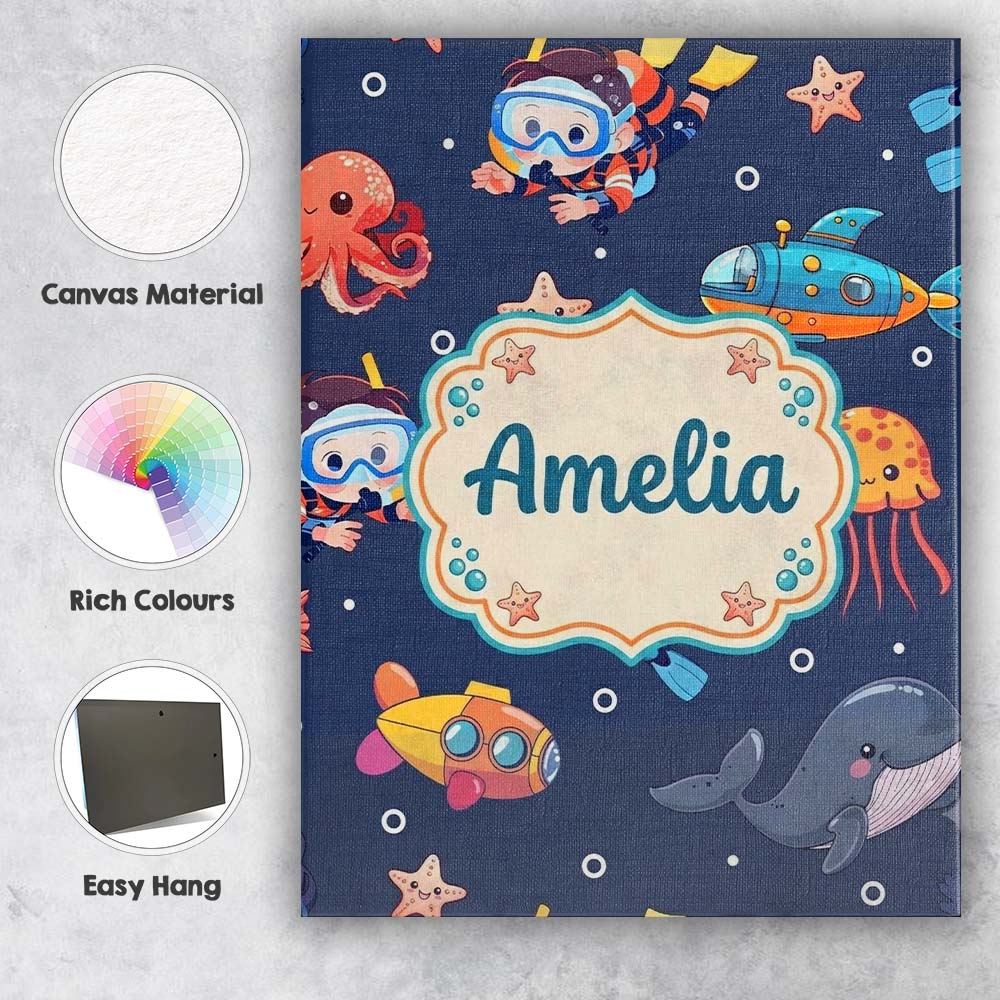Personalised Name Kid Scuba Diver Submarine Custom Bespoke Interior Contemporary Canvas Wall Art Print Decor Picture Ready to Hang