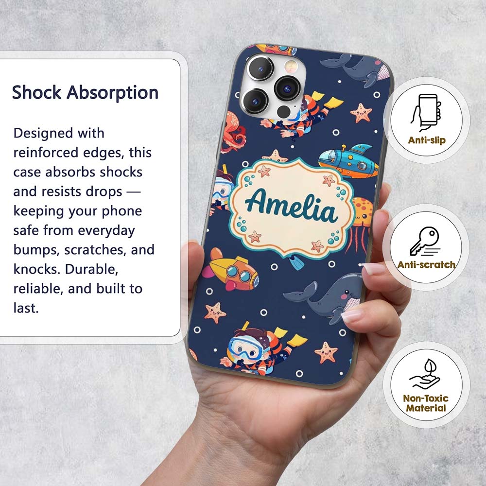 Kid Scuba Diver Submarine Jellyfish Ocean Animal Custom Name Protective Phone Case Mobile Cover Durable Everyday Smartphone Shock Resistant