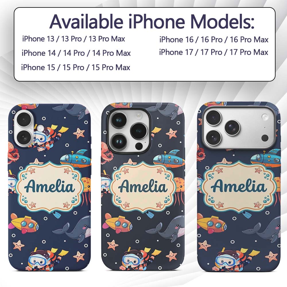 Kid Scuba Diver Submarine Jellyfish Ocean Animal Custom Name Protective Phone Case Mobile Cover Durable Everyday Smartphone Shock Resistant
