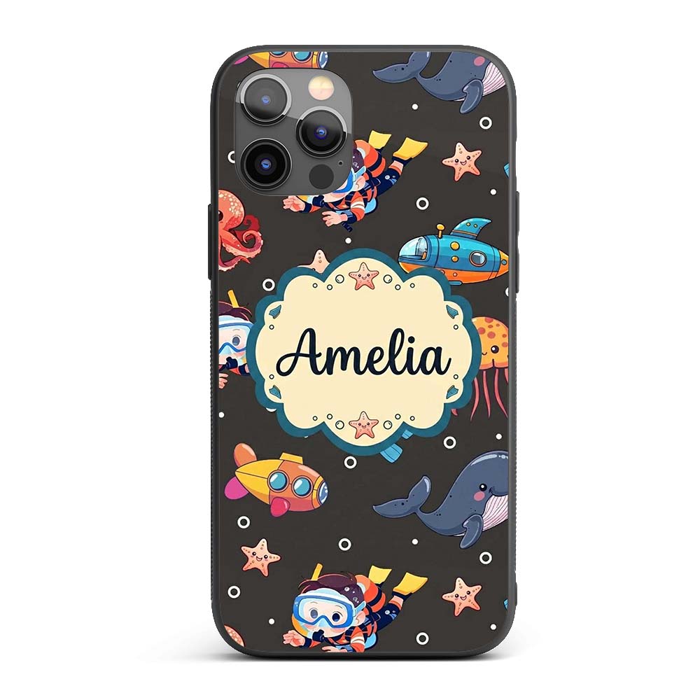 Kid Scuba Diver Submarine Jellyfish Ocean Animal Custom Name Protective Phone Case Mobile Cover Durable Everyday Smartphone Shock Resistant