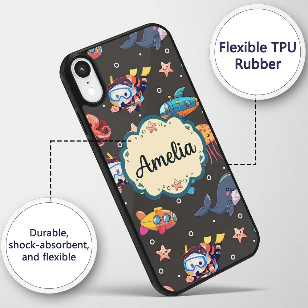 Kid Scuba Diver Submarine Jellyfish Ocean Animal Custom Name Protective Phone Case Mobile Cover Durable Everyday Smartphone Shock Resistant