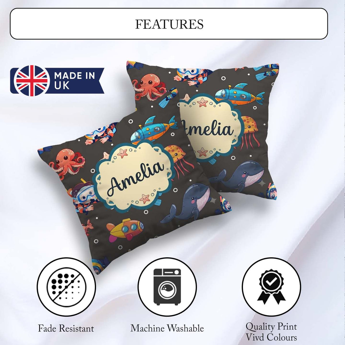 Custom Name Kid Scuba Submarine Jellyfish Animal Charcoal Bubble Square Filled Cushion Throw Pillow Sofa Bed Home Decor Zip Washable UK Made