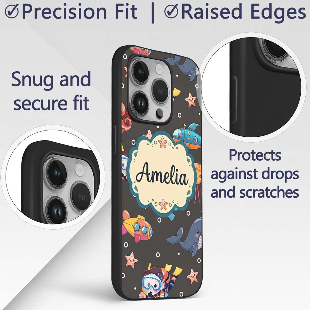 Kid Scuba Diver Submarine Jellyfish Ocean Animal Custom Name Protective Phone Case Mobile Cover Durable Everyday Smartphone Shock Resistant