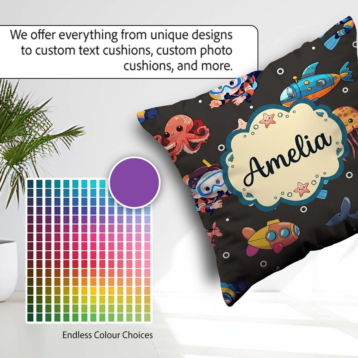 Custom Name Kid Scuba Submarine Jellyfish Animal Charcoal Bubble Square Filled Cushion Throw Pillow Sofa Bed Home Decor Zip Washable UK Made