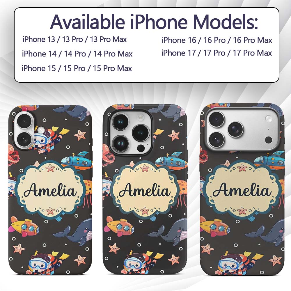 Kid Scuba Diver Submarine Jellyfish Ocean Animal Custom Name Protective Phone Case Mobile Cover Durable Everyday Smartphone Shock Resistant