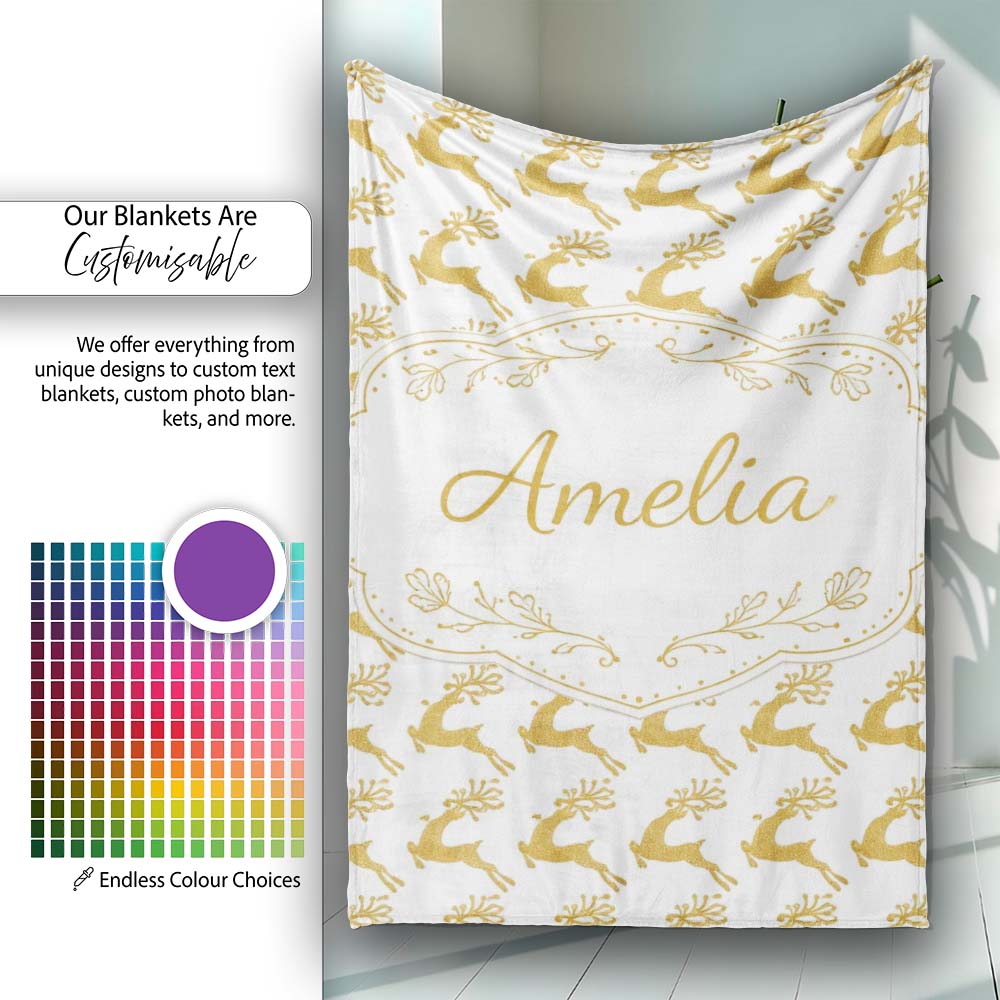 Gold Glitter Reindeer Christmas Seamless Pattern Cute Unique Gift Personalised Custom Name Super Soft Fleece Blanket Bed Sofa Throw