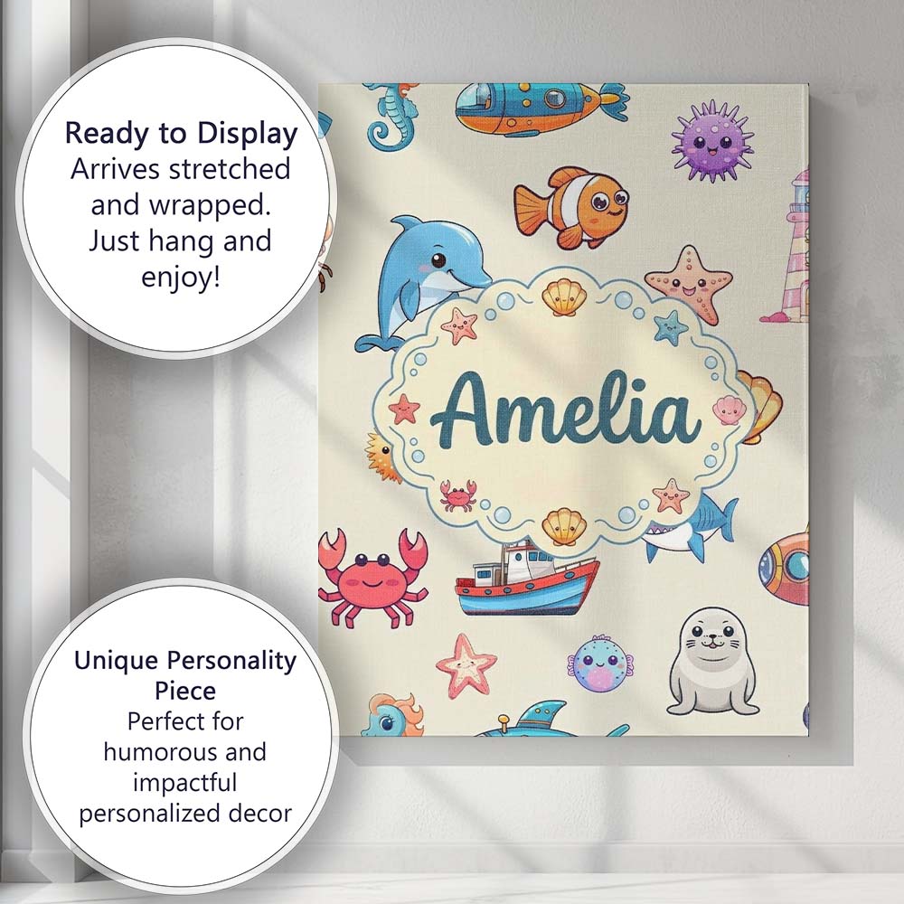 Personalised Name Cartoon Sea Animals Diver Custom Bespoke Interior Contemporary Canvas Wall Art Print Decor Picture Ready to Hang