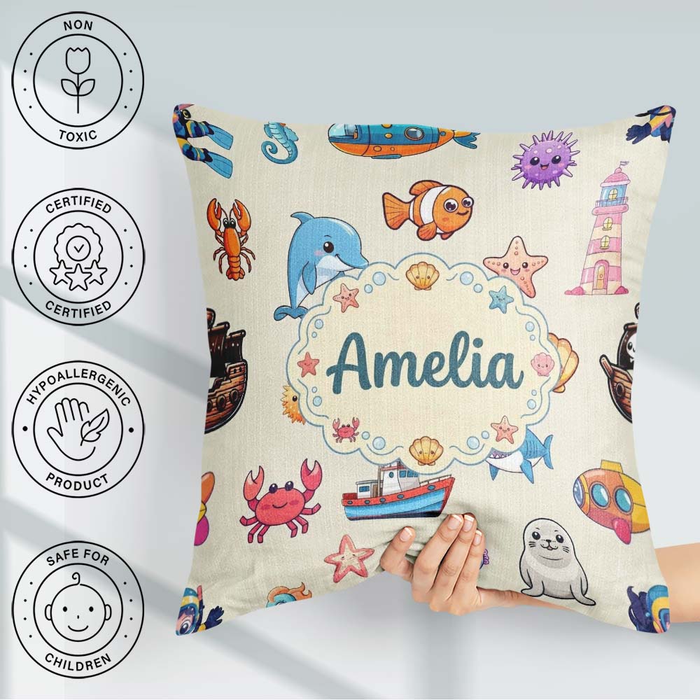 Custom Name Cartoon Sea Animals Diver Shark Crab Boat Lighthouse Square Filled Cushion Throw Pillow Sofa Bed Home Decor Zip Washable UK Made