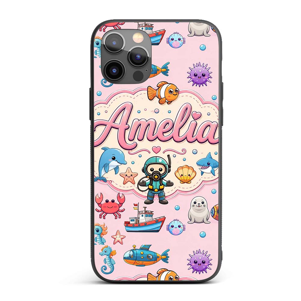 Cartoon Sea Animal Diver Dolphin Printed Design Custom Name Protective Phone Case Mobile Cover Durable Everyday Smartphone Shock Resistant
