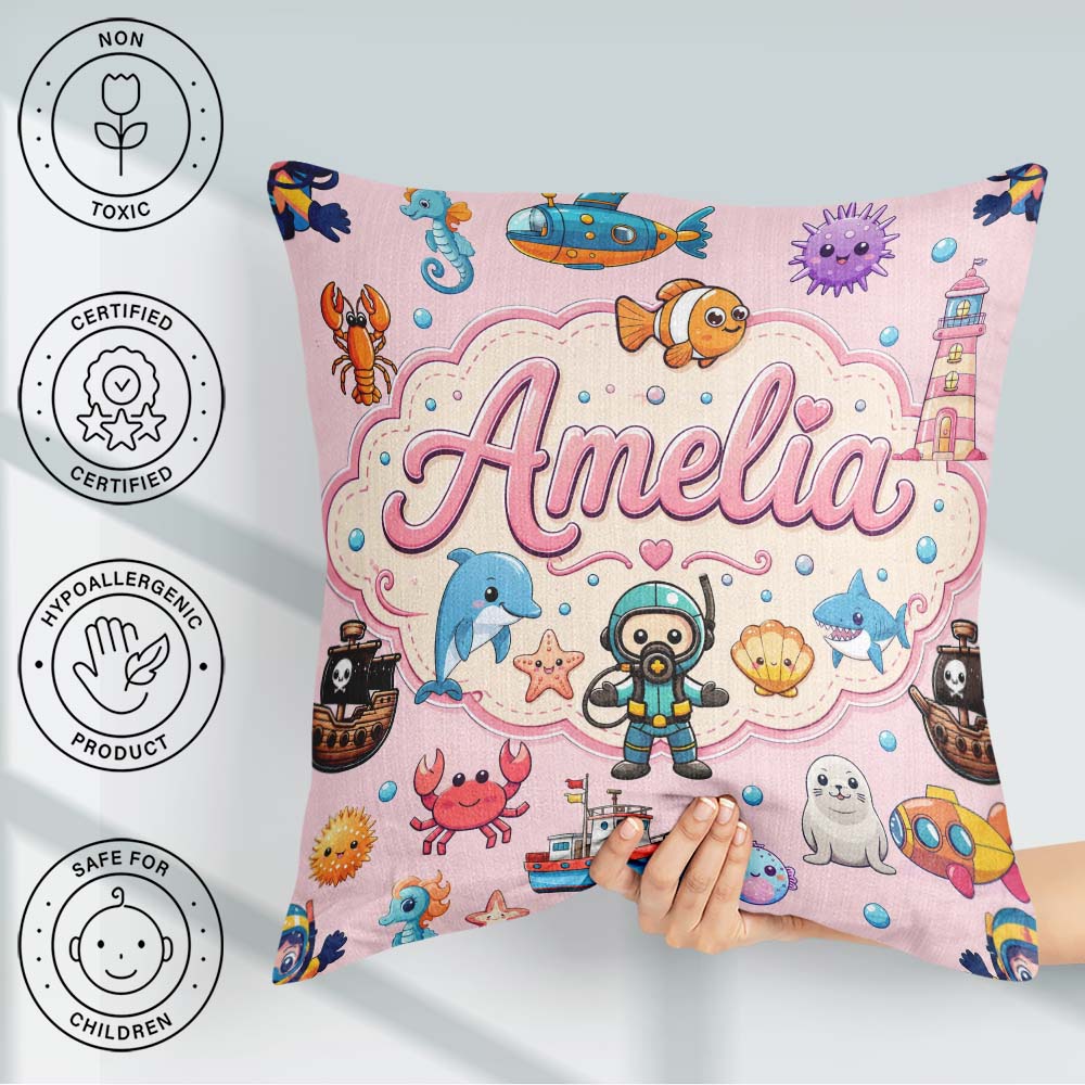Custom Name Cartoon Sea Diver Dolphin Shark Boat Lighthouse Soft Square Filled Cushion Throw Pillow Sofa Bed Home Decor Zip Washable UK Made
