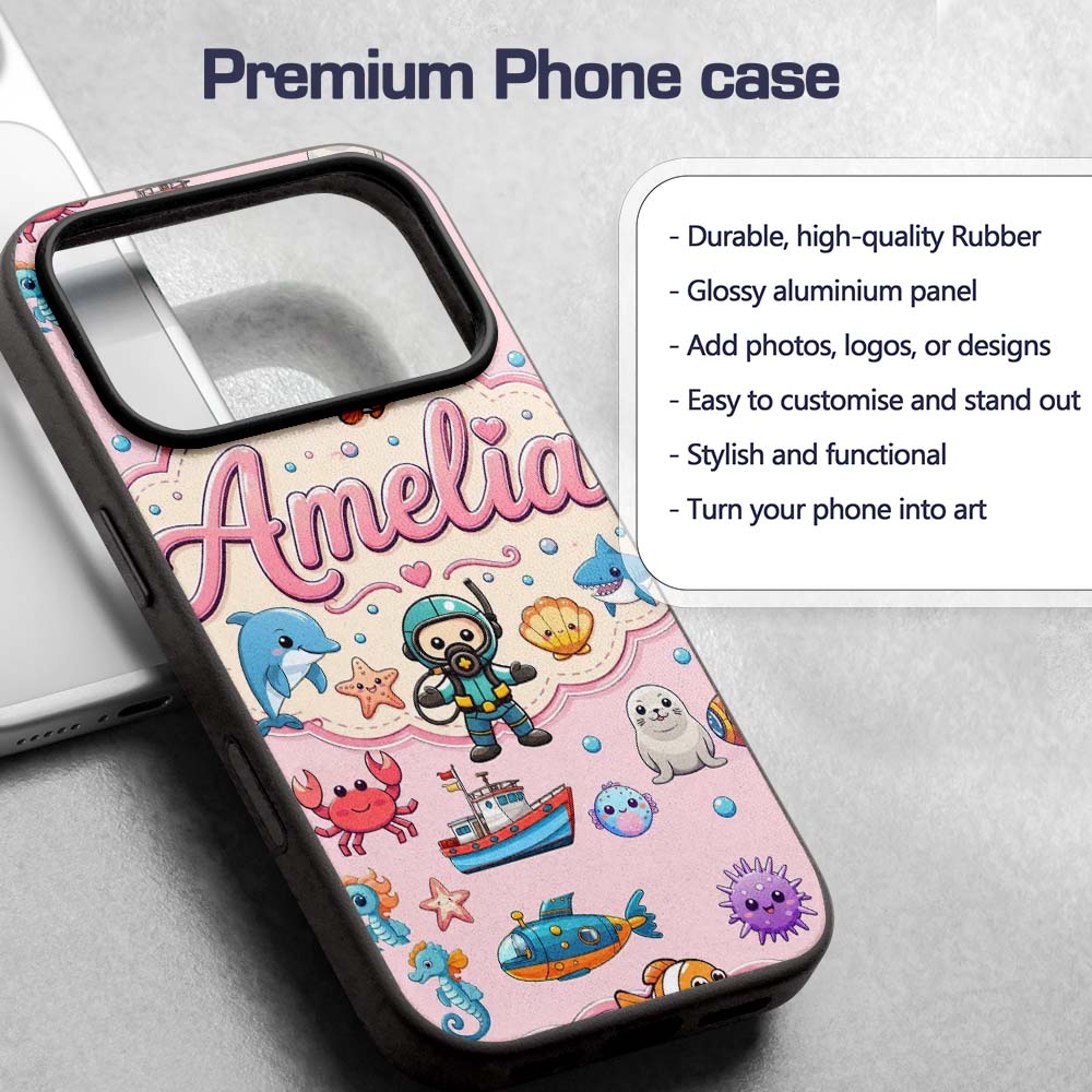 Cartoon Sea Animal Diver Dolphin Printed Design Custom Name Protective Phone Case Mobile Cover Durable Everyday Smartphone Shock Resistant