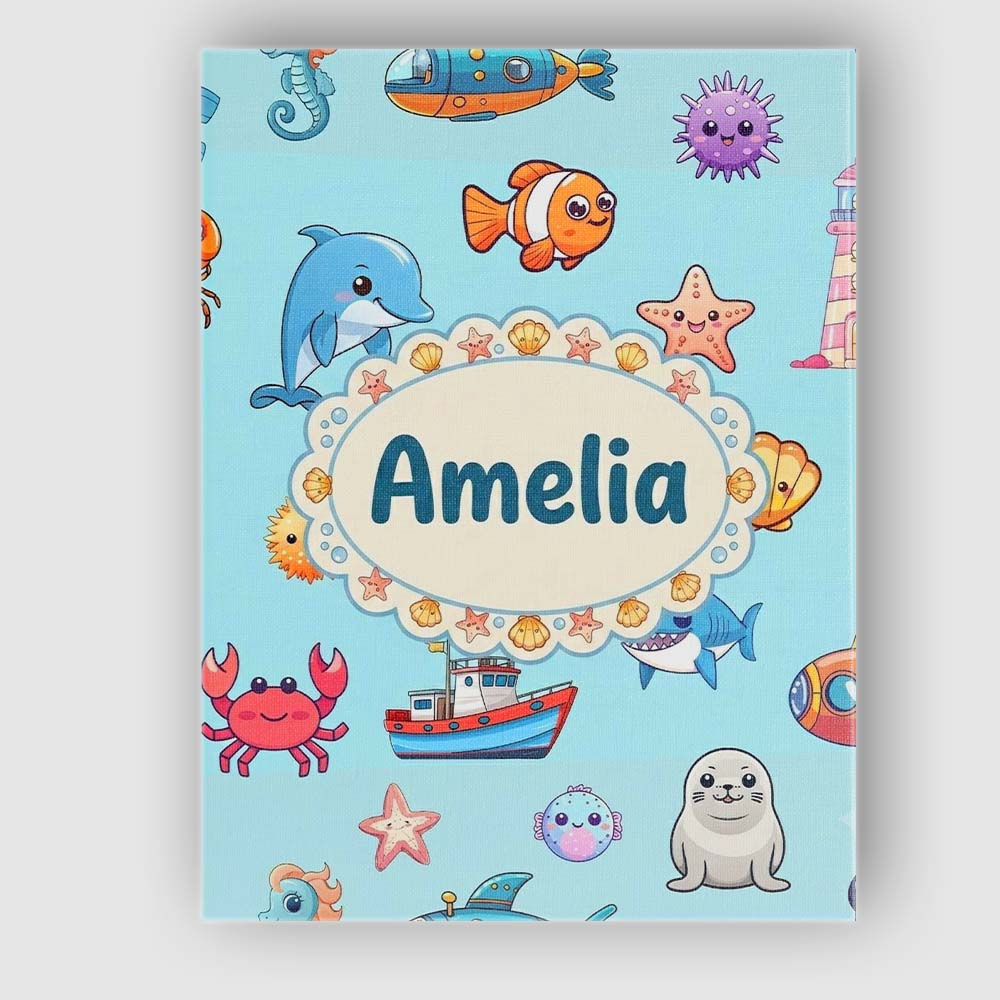 Personalised Name Cartoon Sea Animals Diver Custom Bespoke Interior Contemporary Canvas Wall Art Print Decor Picture Ready to Hang