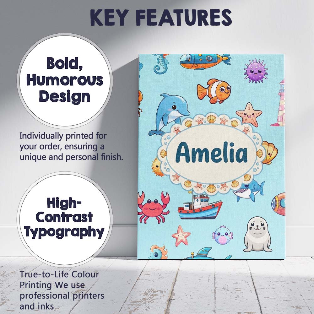 Personalised Name Cartoon Sea Animals Diver Custom Bespoke Interior Contemporary Canvas Wall Art Print Decor Picture Ready to Hang