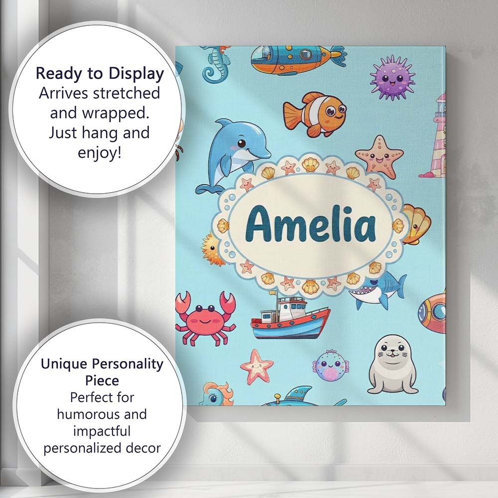 Personalised Name Cartoon Sea Animals Diver Custom Bespoke Interior Contemporary Canvas Wall Art Print Decor Picture Ready to Hang