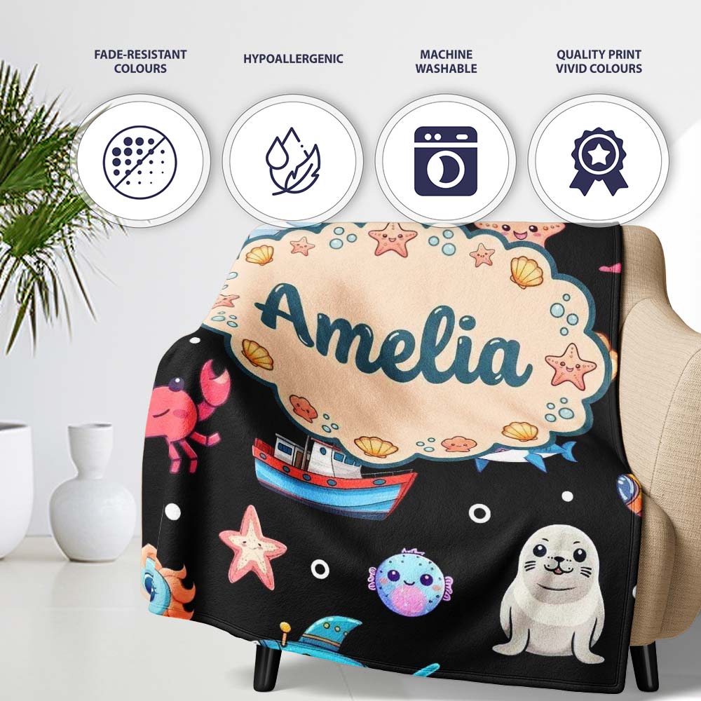 Cartoon Sea Animals Diver Dolphin Shark Lighthouse Black Bubble Personalised Custom Name Super Soft Fleece Blanket Bed Sofa Throw